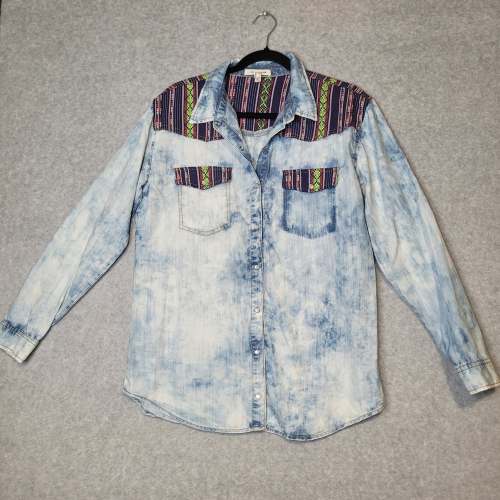 Life in Progress Acid Wash Denim Western Shirt Tapestry Yoke Pearl Snap Large